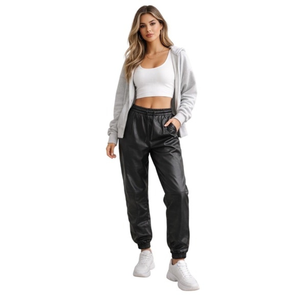 ZARA Faux Leather Jogger Pants Black Elastic Waist Drawstring Womens XL 68-52